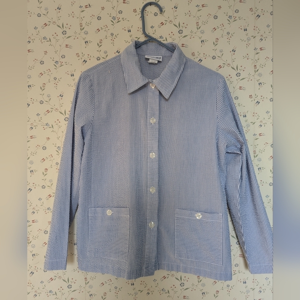 💙 National S Jacket Seersucker Cotton White Striped Button-Up Women Nautical